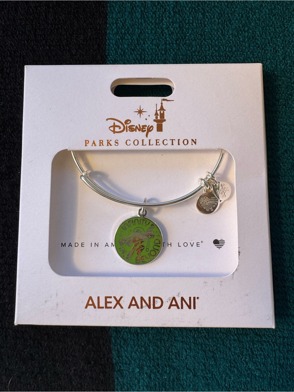 Alex and Ani Silver Disney Parks Bracelet with Bright Green Buzz Lightyear Charm